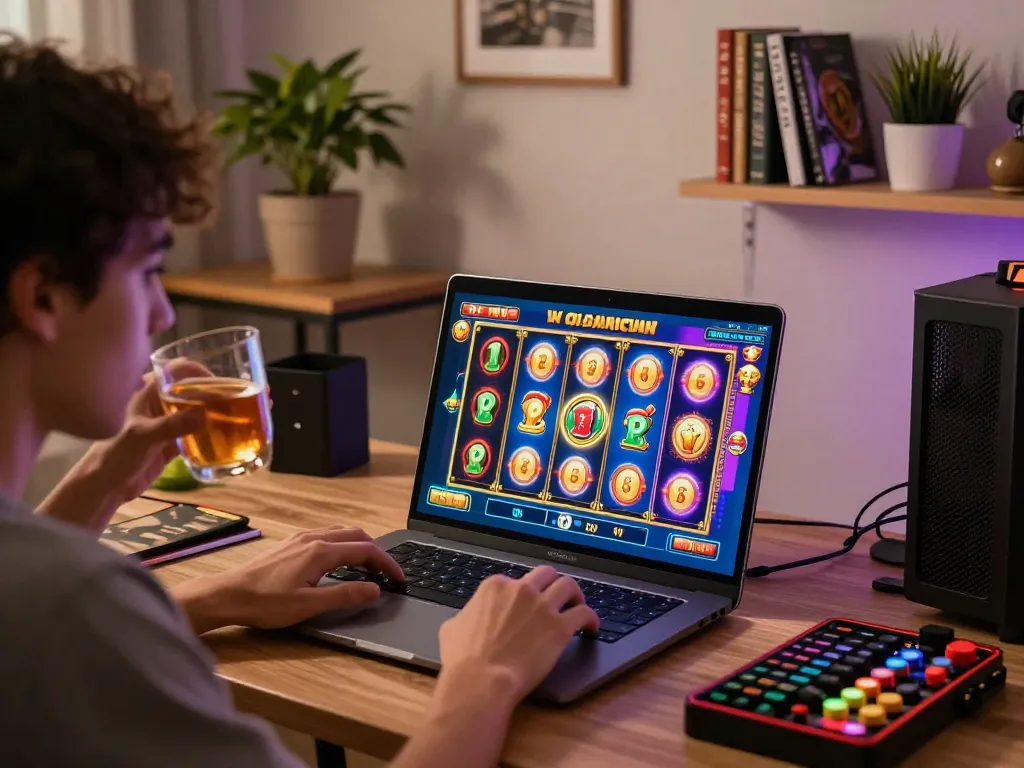 Situs slot gaming experience at home, showcasing a player enjoying colorful online slots with strategic notes nearby.