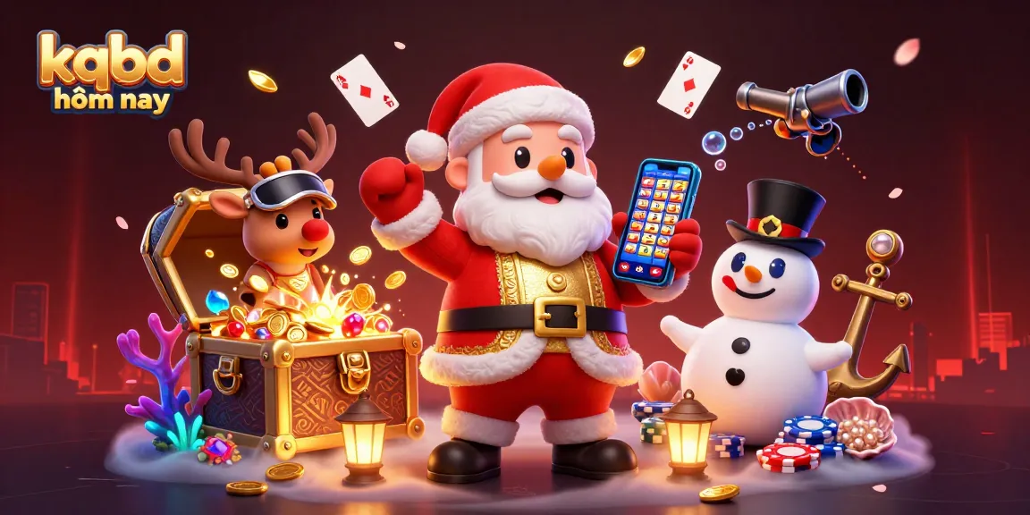 Experience thrilling kqbd hôm nay with Santa in a lively casino scene surrounded by colorful gambling elements.