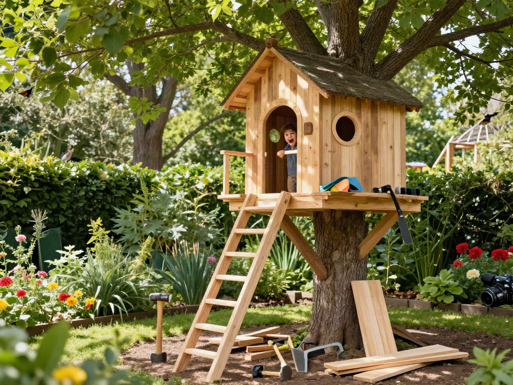 Craftsman building a treehouse, symbolising the vibrant tree house life in a lush garden.