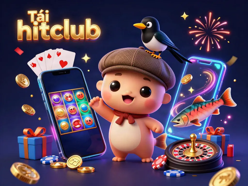 Tải hitclub showcases a whimsical scene with Nessie and a magpie amidst vibrant casino elements.