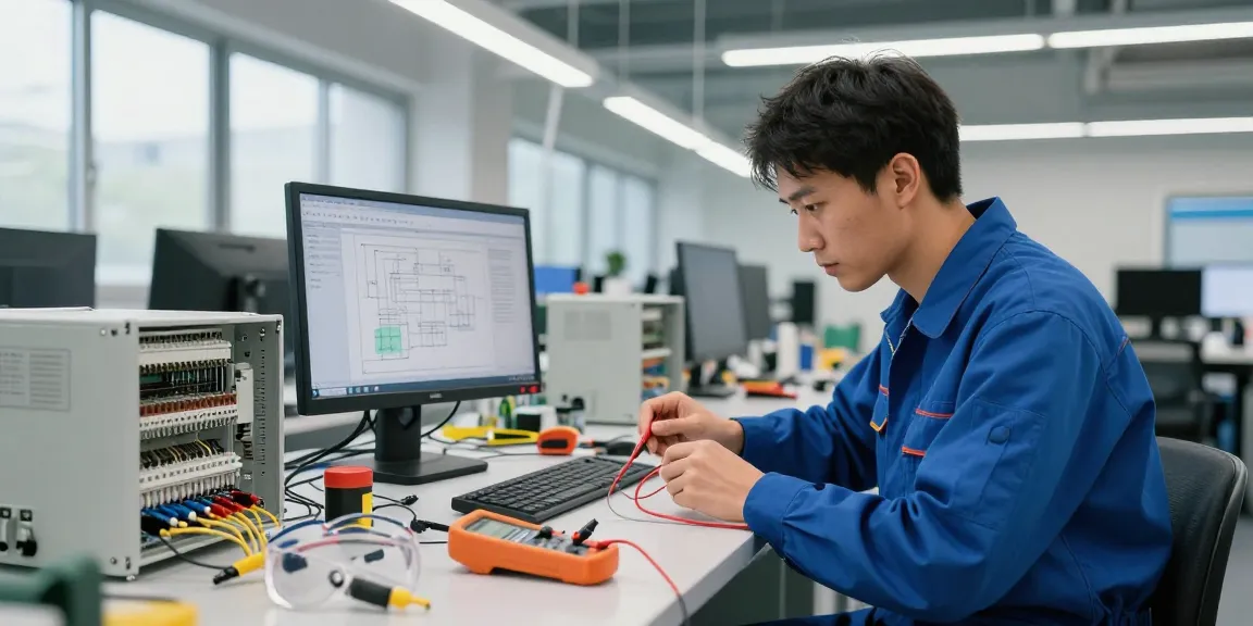 Technician inspecting IEC connectors in a modern electrical engineering workspace, showcasing quality and precision.