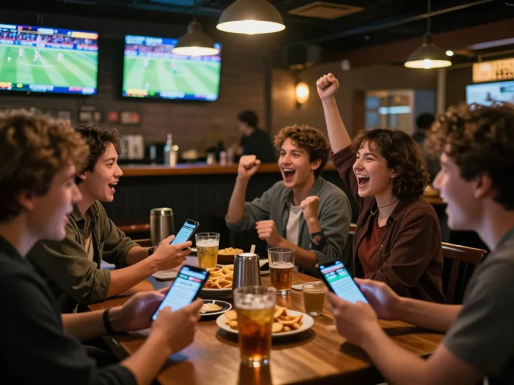 Patrons engage in thrilling sports betting at HO88, celebrating wins while watching live events on multiple screens.