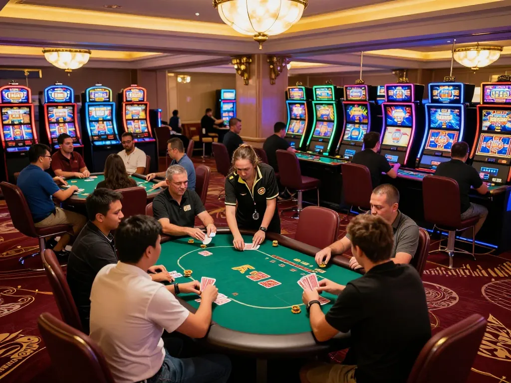Players enjoying vibrant games at SC88 OKVIP casino with lively atmosphere and poker tables.