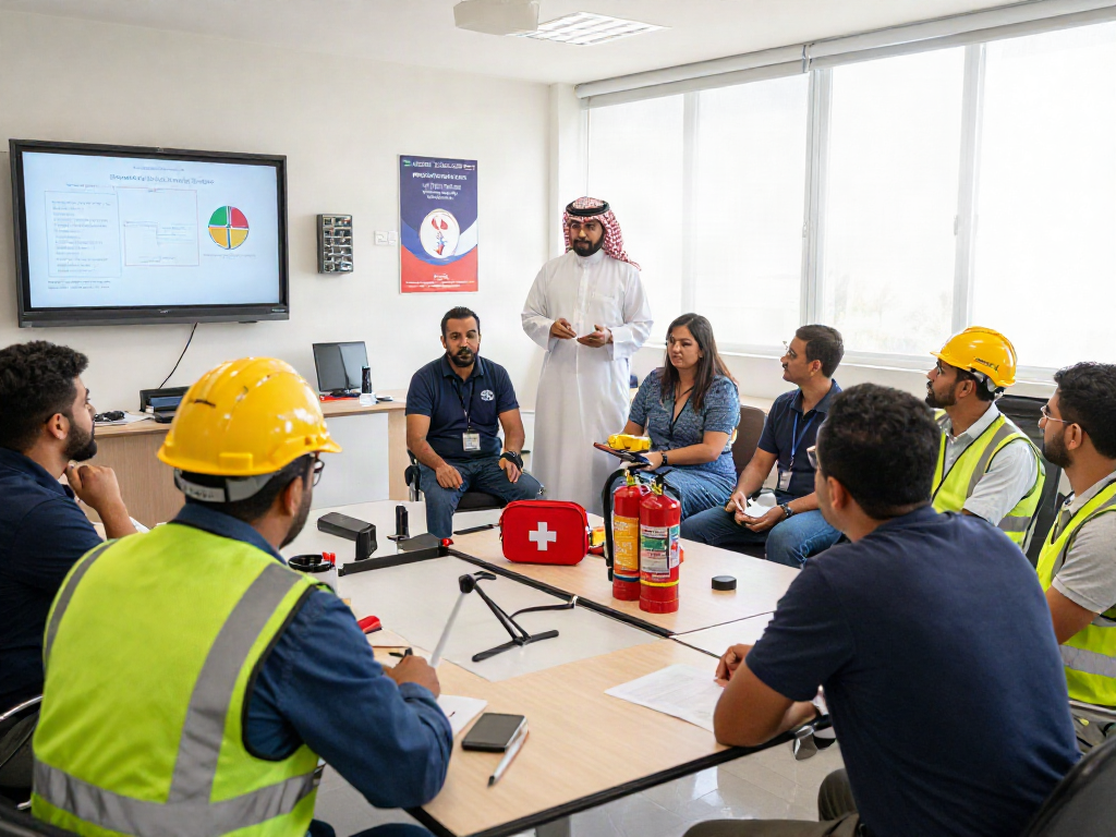 Training Institute Saudi Arabia engaging HSE professionals in an interactive training session with safety gear and modern equipment