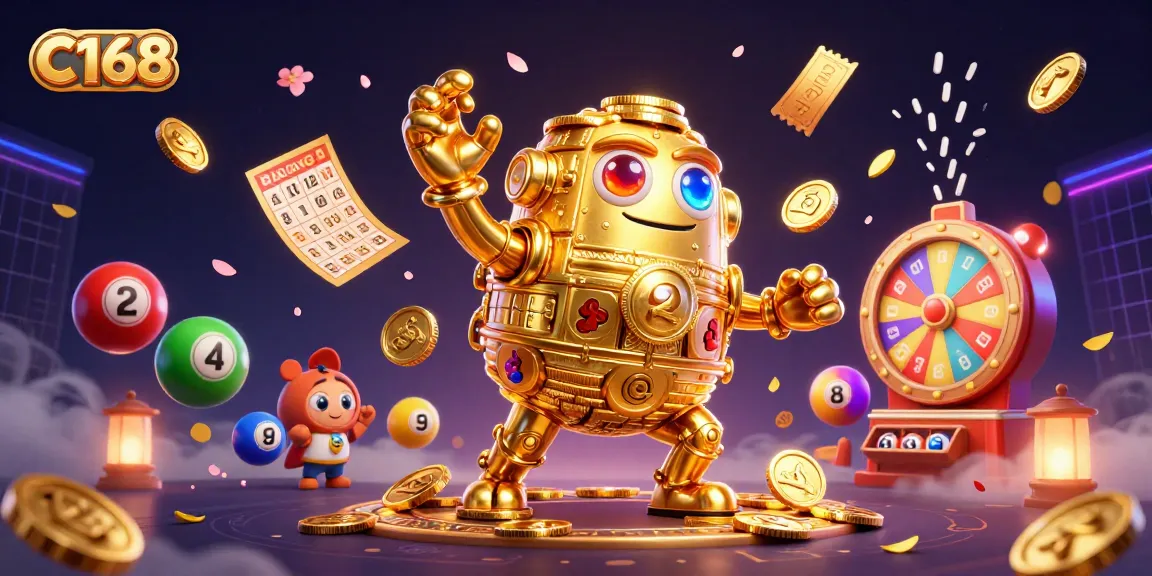 Join C168's exciting gaming adventure with the animated golden golem amidst vibrant lottery balls and golden prizes.
