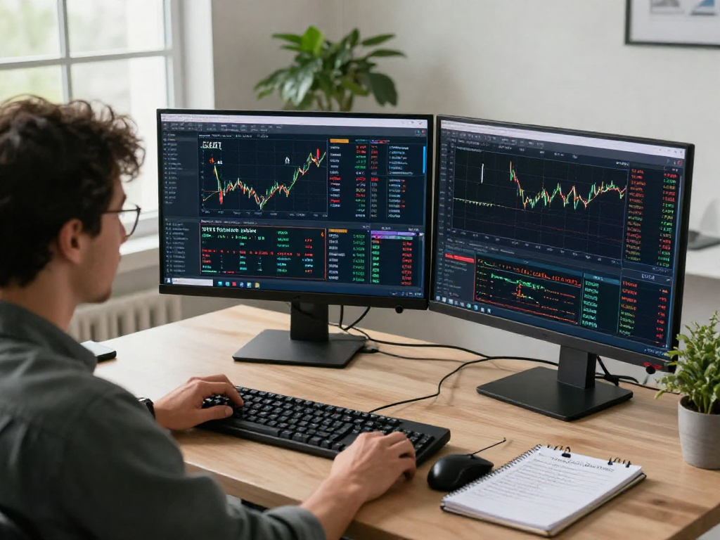 在专业交易环境中,交易者专注于显示MetaTrader 5界面的多台屏幕,呈现外汇、股票和商品等多个金融工具的操作。