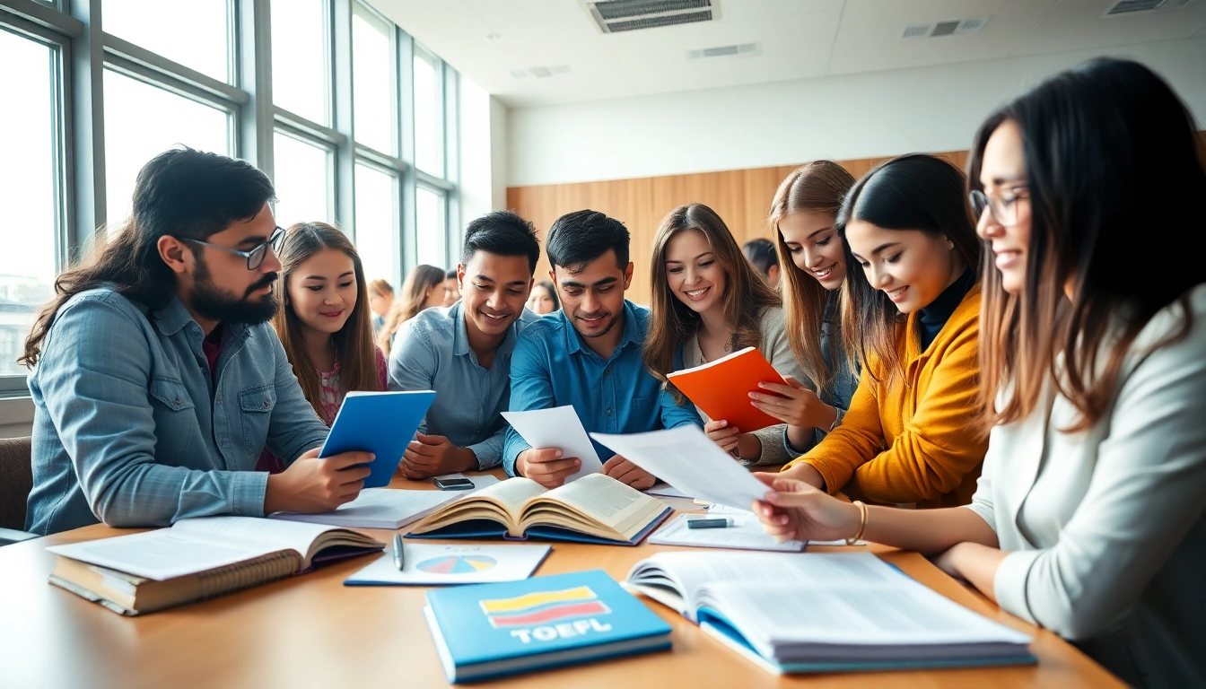 Engaged TOEFL test takers for hire studying collaboratively in a bright classroom.