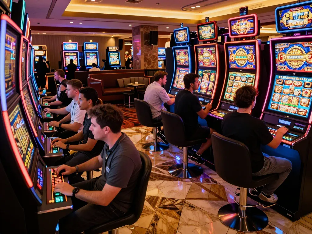 Players enjoying vibrant slot machines with colorful lights and a jackpot celebration