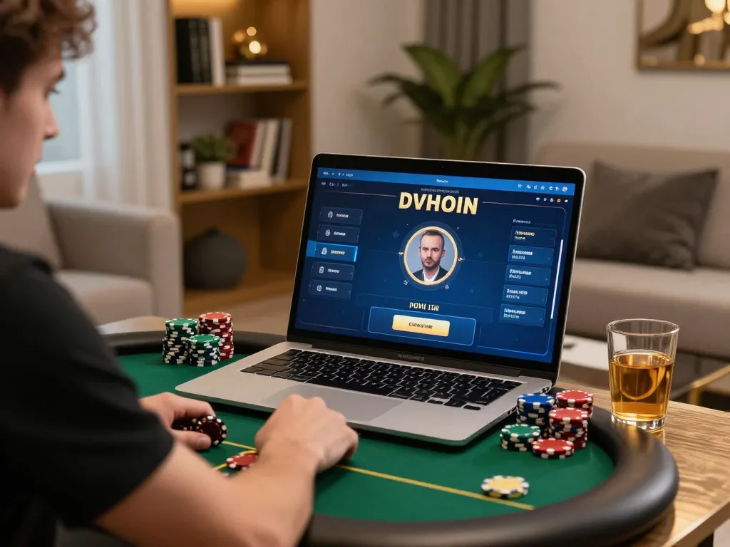 Engaging player at a VIP online poker table with vipwin interface, chips in focus, cozy atmosphere.