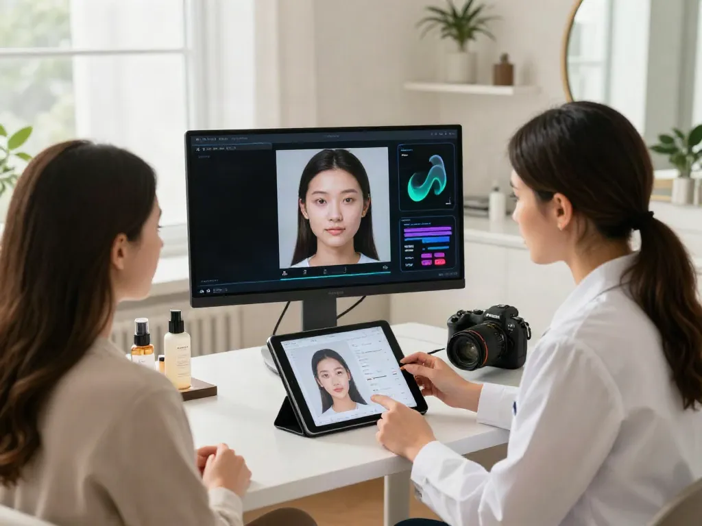 Consultation scene for alternatives to QOVES, highlighting beauty analysis with AI technology.