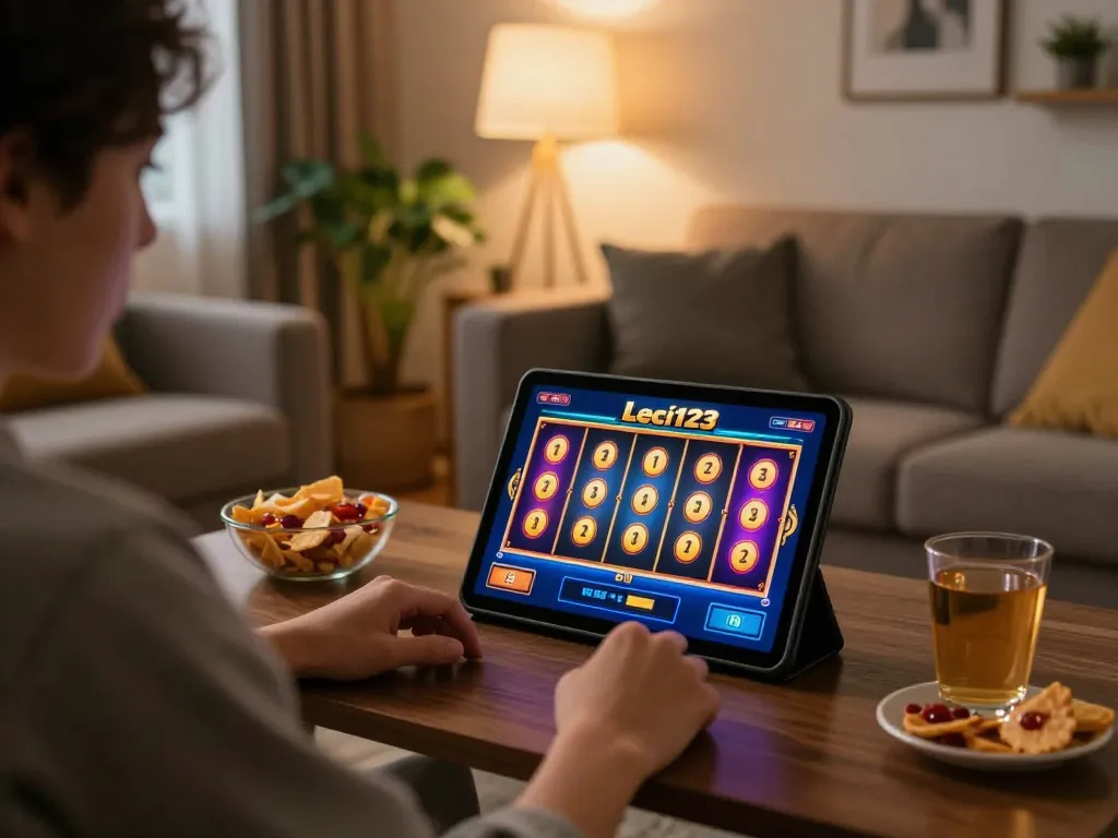 Pemain Leci123 menikmati permainan slot online yang penuh warna di tablet di ruang tamu yang nyaman.