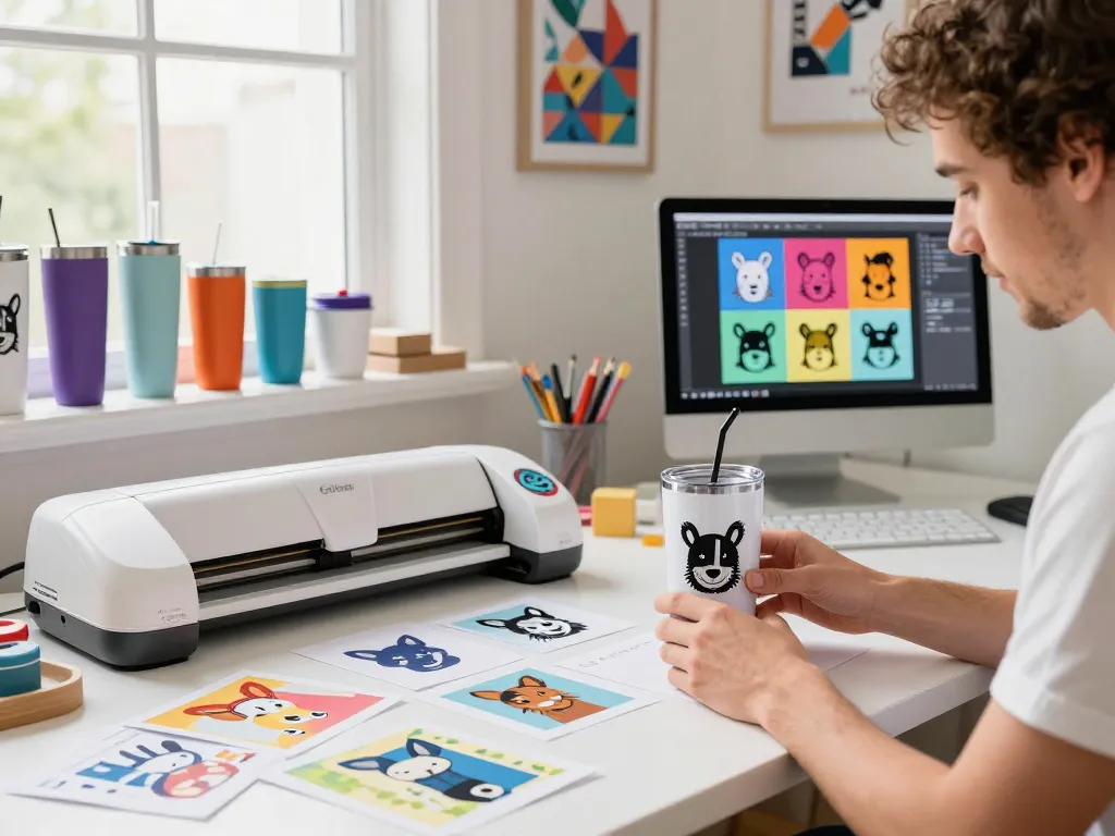 Designer creating with an svg bundle for stunning tumbler designs in a bright workshop.