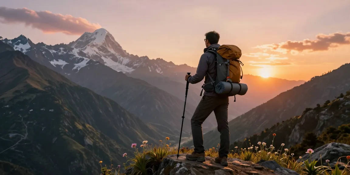 Manaslu Trek adventure with traveler at mountain viewpoint during sunset, showcasing stunning landscape.