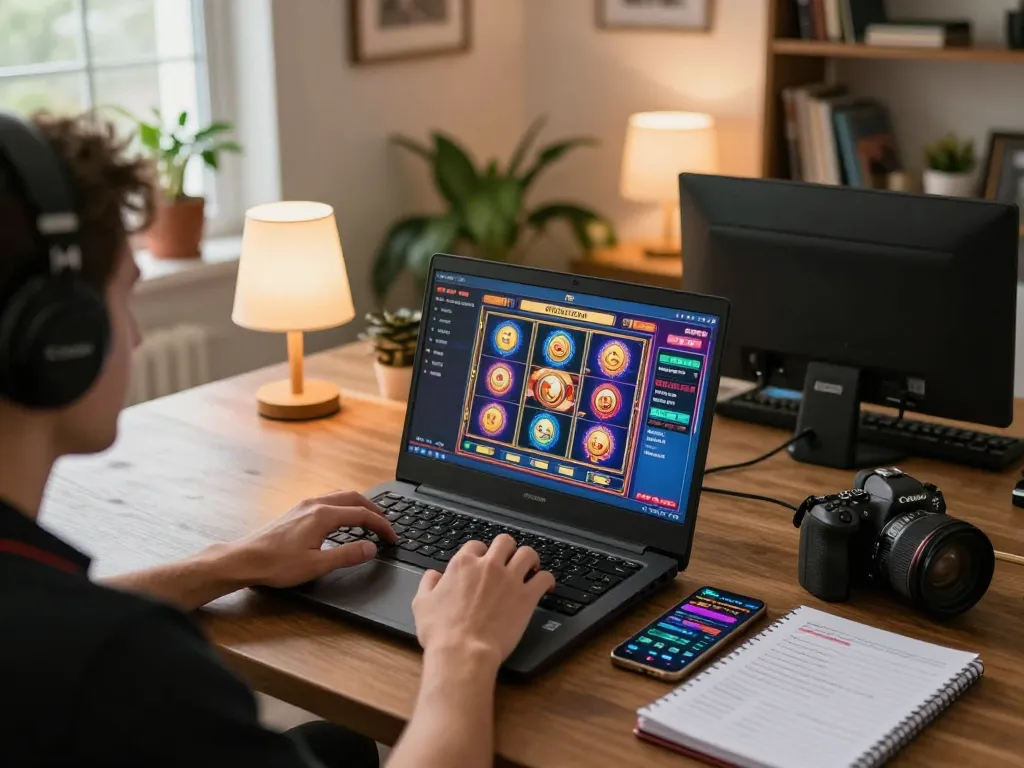 Engaging online gaming with situs toto on screen showcasing slot machine excitement in cozy home