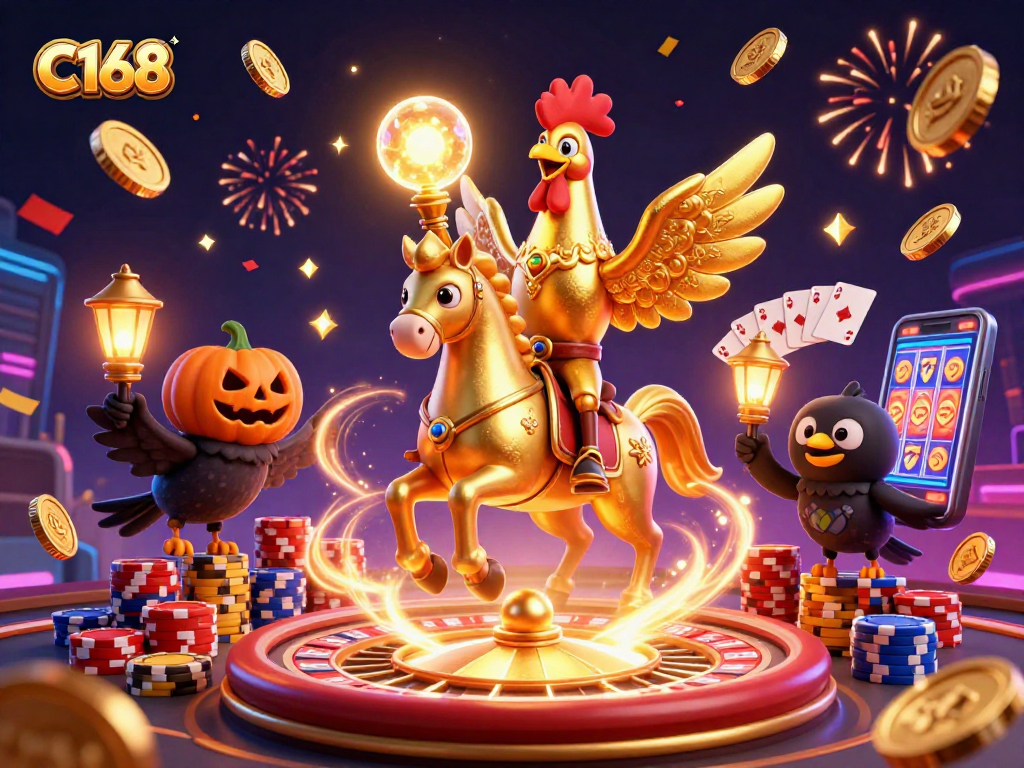 Experience the thrill of C168 casino with a golden rooster and pumpkin-headed crows amidst festive gaming elements.