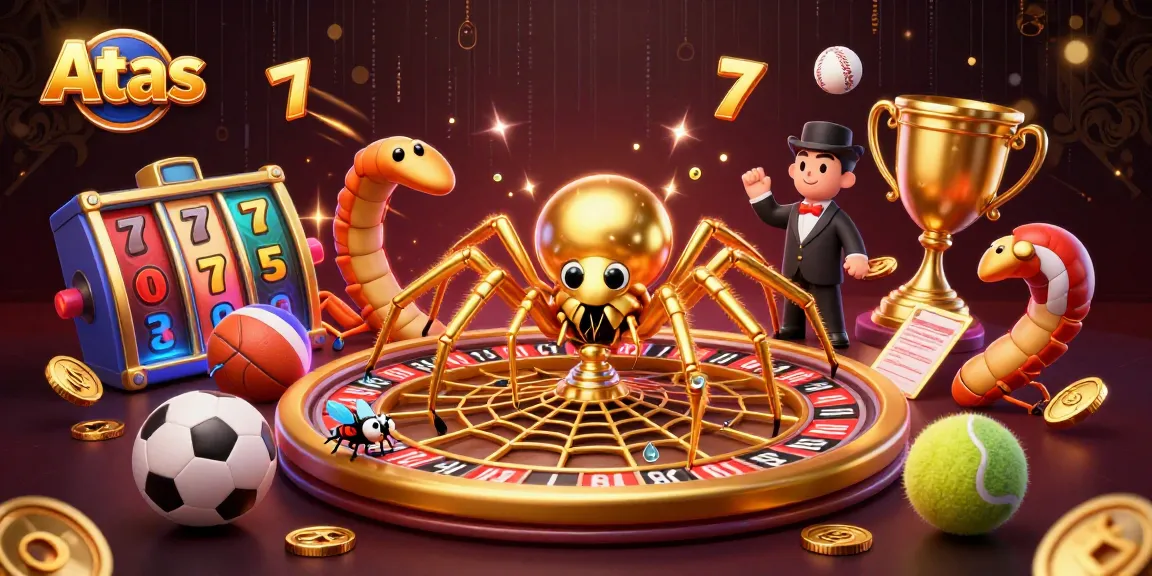 Atas highlights a fly nervously betting at a roulette wheel web spun by a golden spider in vibrant, dynamic action.