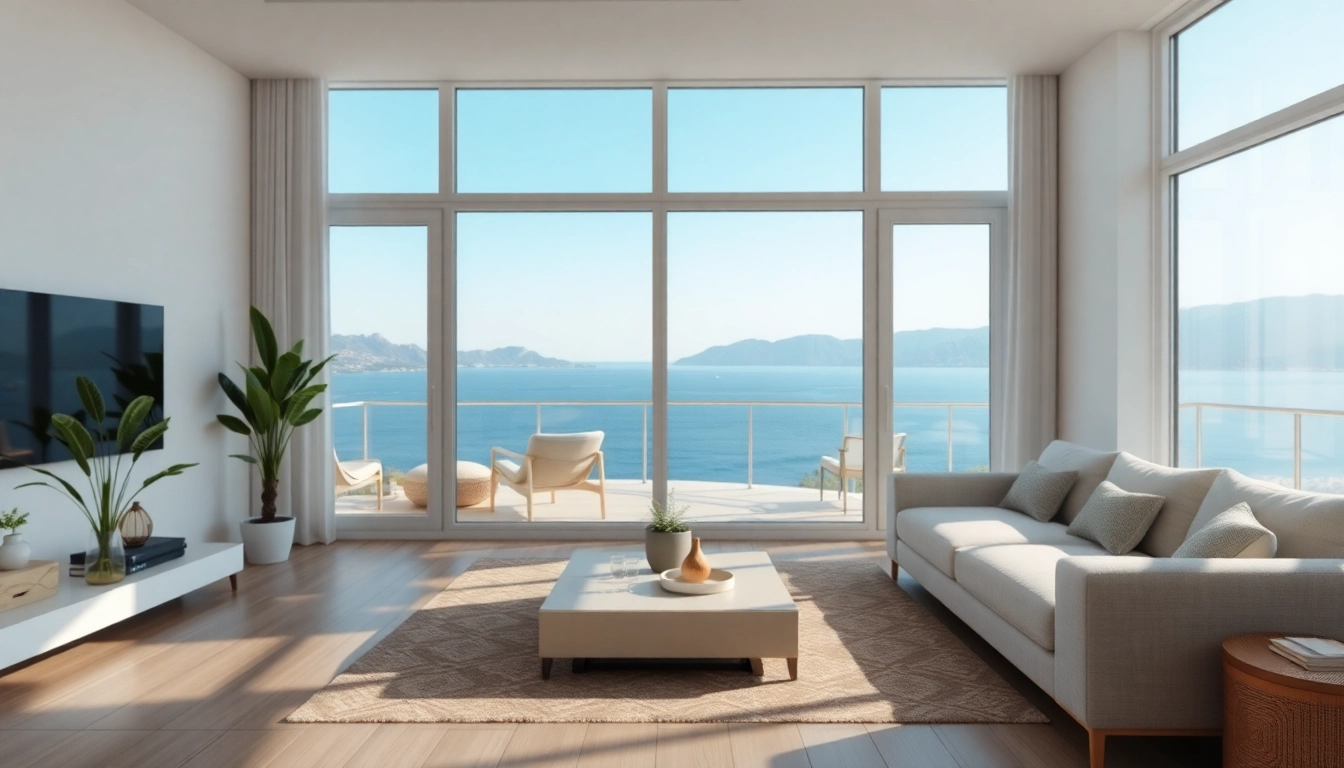 View an inviting living area with stunning sea views in an apartment for sale in Alanya.