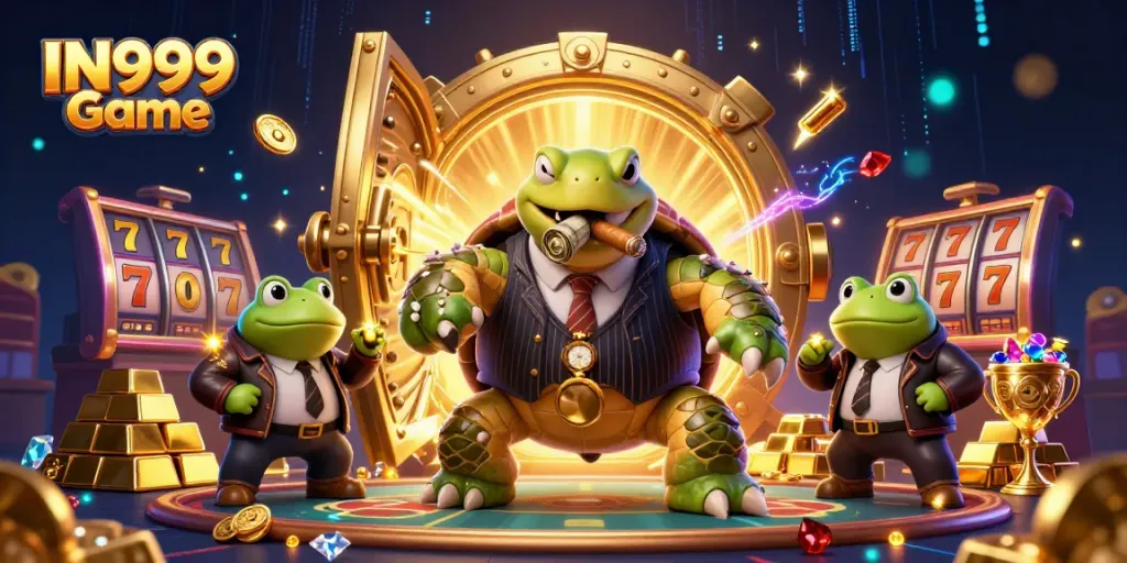 Engage with the IN999 Game through an exciting scene featuring a snapping turtle mobster and bullfrog enforcers among golden treasures.