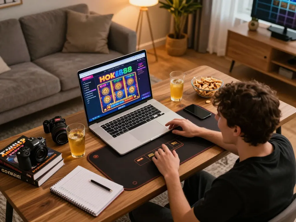 Sesi permainan Hoki88 dengan pemain yang fokus di laptop, camilan, dan catatan strategi.