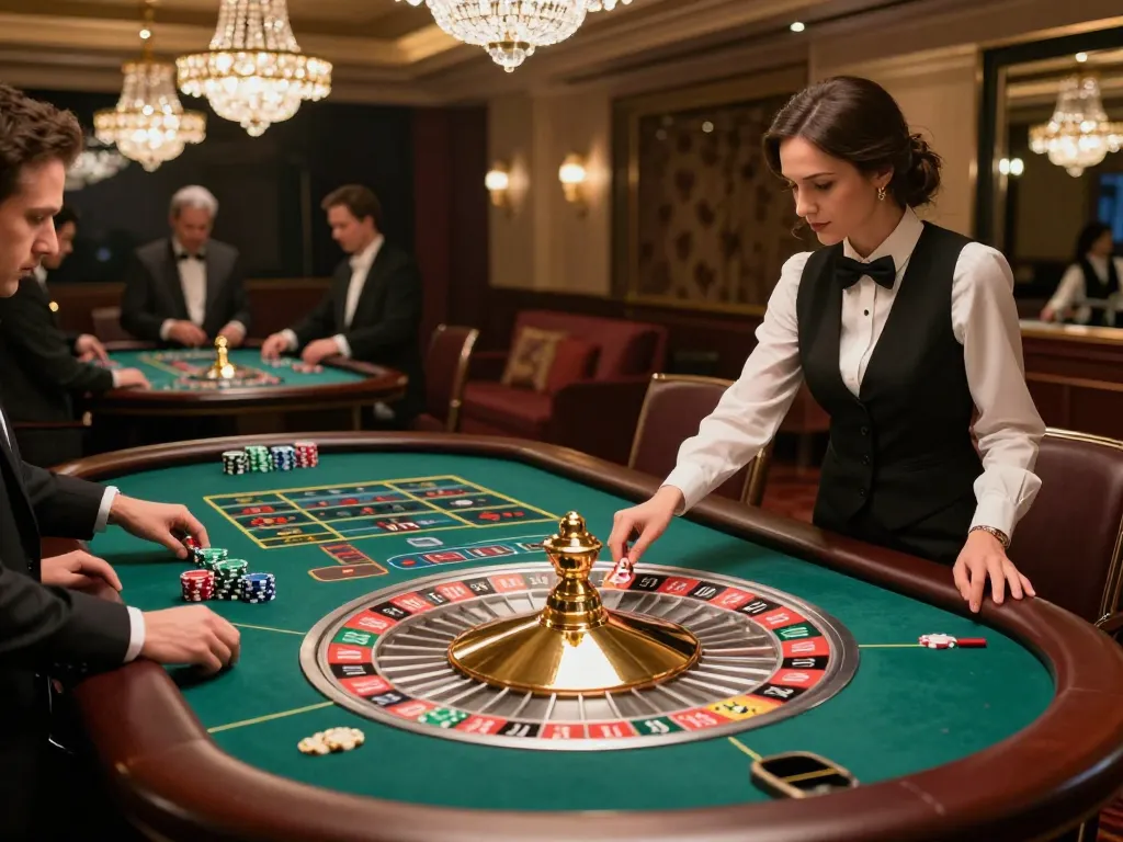 mm88 players excitedly betting at a roulette table in an elegant casino.