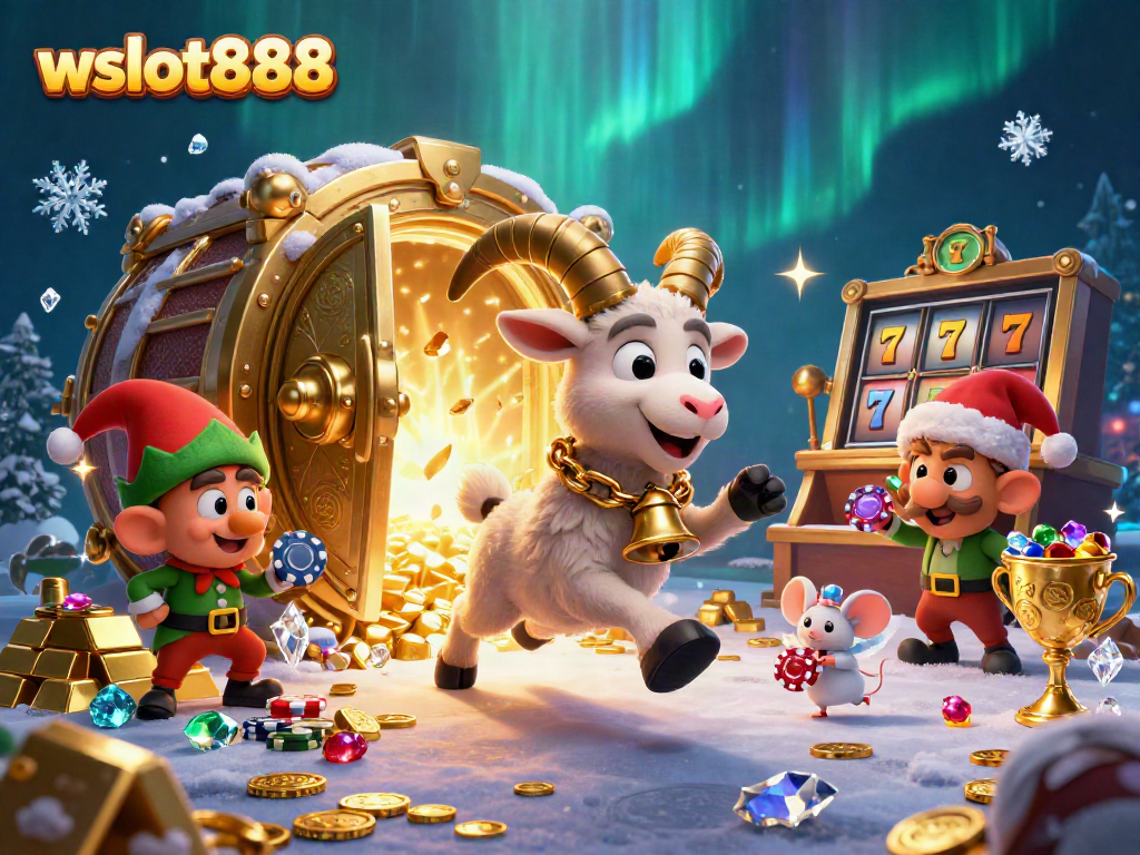 Permainan menarik wslot888 dengan karakter Krampus dan elf mencuri chip poker di kasino, suasana meriah.