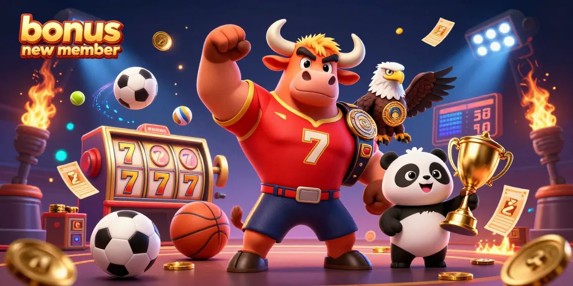 Engage with the bonus new member offer in this vibrant casino illustration featuring a victorious bull mascot.