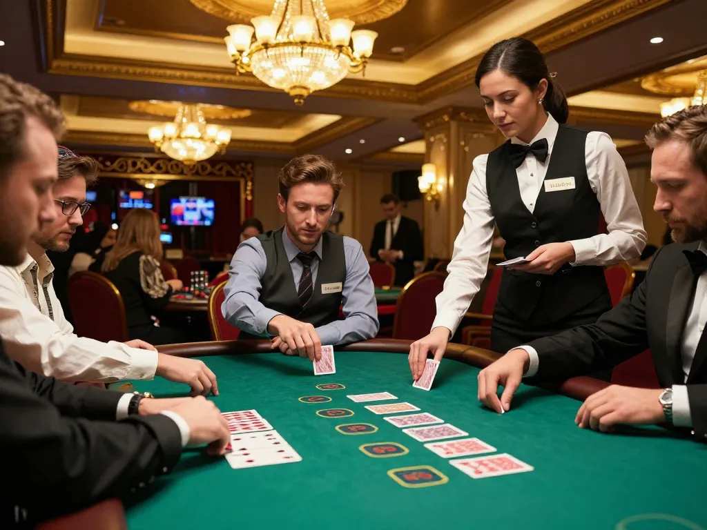 Active blackjack table scene at okwin casino, players engaged and betting, warm casino atmosphere