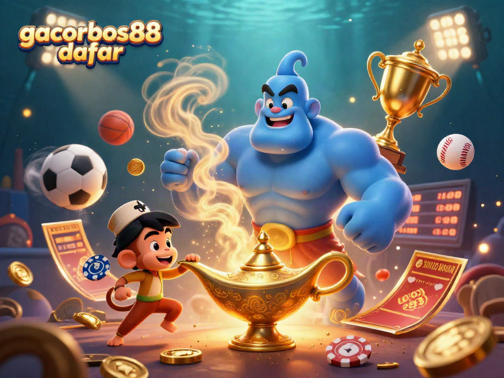 Join the excitement with gacorbos88 daftar in this vibrant, action-packed gambling scene featuring a genie and sports elements.