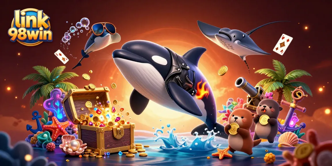 Engage in the exciting world of gambling at link 98win, featuring vivid underwater characters and dynamic casino elements.