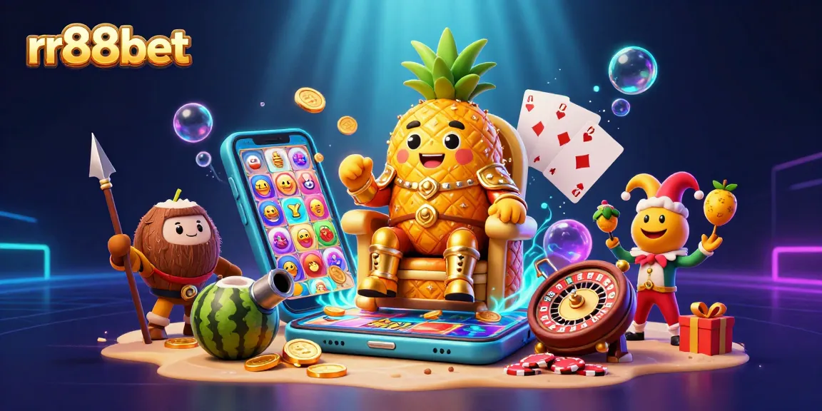 Engage with rr88bet: Experience the thrilling beach casino scene with a pineapple king and golden treasures.