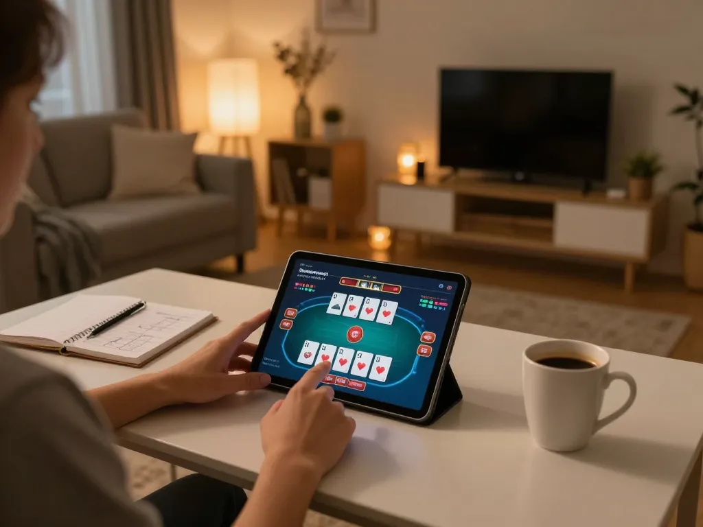 FAFA828 user engaging in online gaming with detailed strategy notes in a cozy home setting