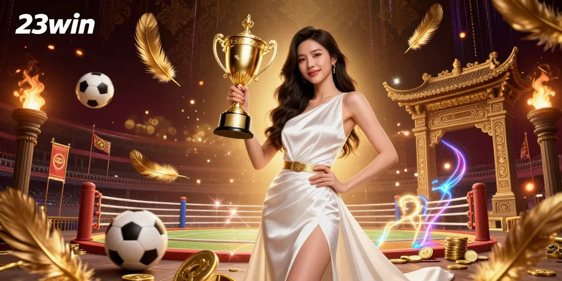 Engage with 23win's dynamic sportsbook scene featuring victorious betting elements in an immersive 3D illustration.