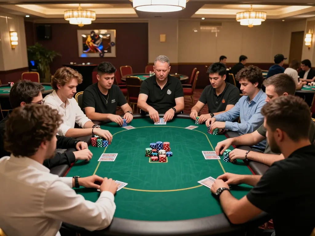 Hành động giải đấu nhiều người chơi tại bàn poker Lucks8 với chip và những người chơi phấn khích.