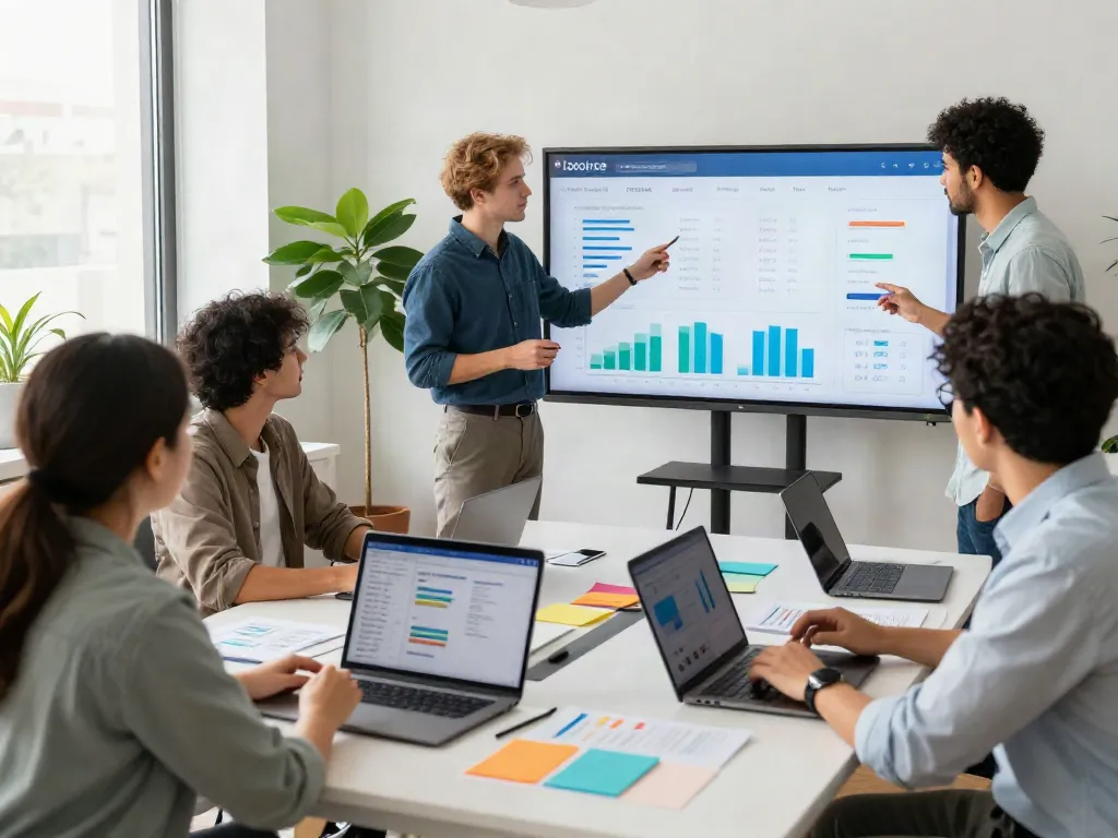Collaboration at an information portal poshuk.info workspace, showcasing professionals engaged in data analysis and project updates.