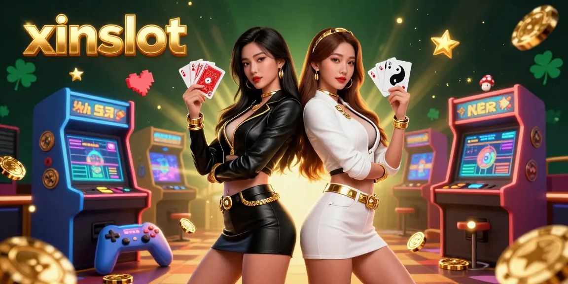 XINSLOT showcases twin Asian women in a dynamic 3D casino setting, featuring gaming elements and golden accents.