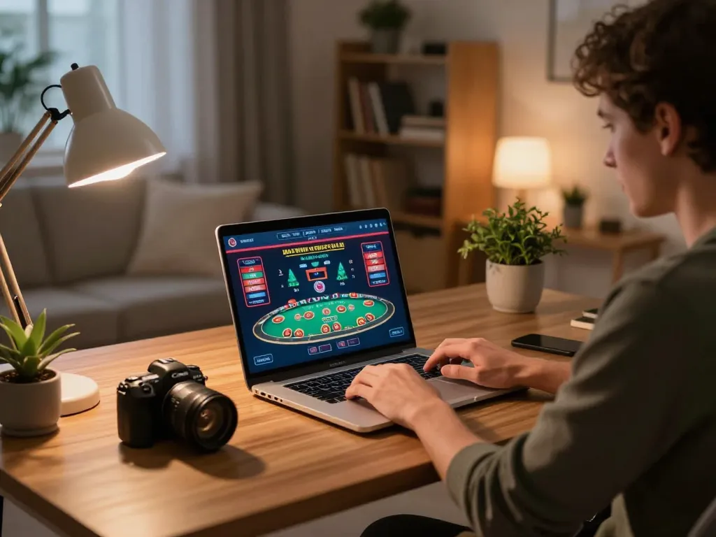 Player engaged in online betting at vipwin, enjoying a live dealer game in their cozy home office.