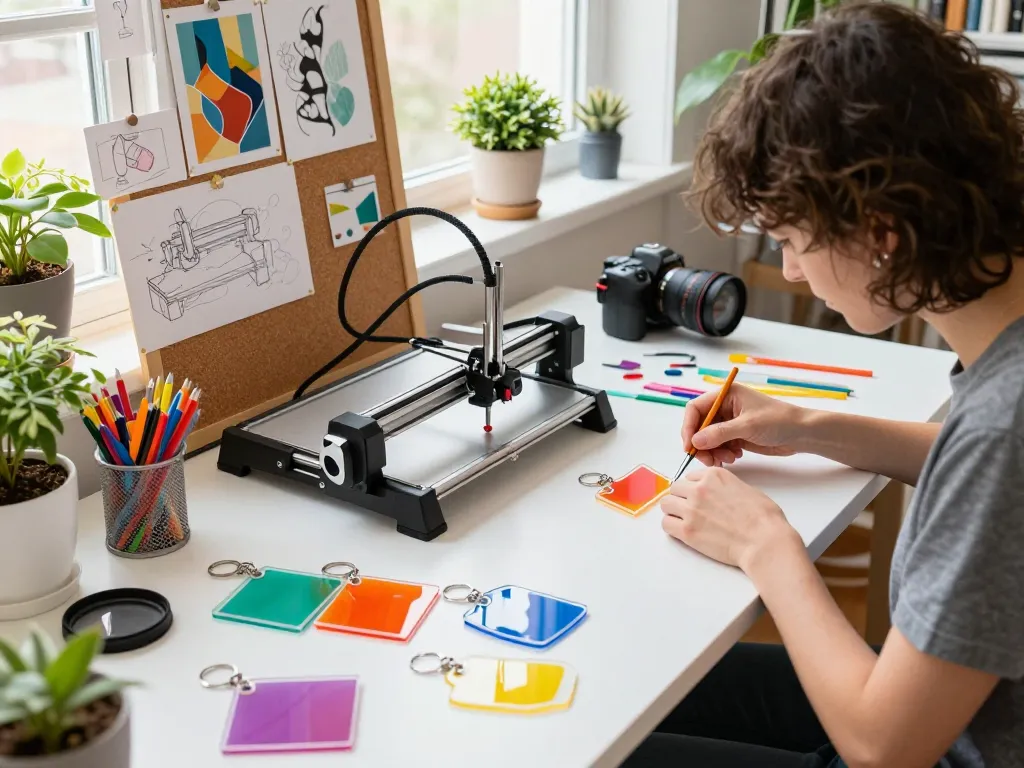 Designer crafting custom acrylic keychains at a workspace, showcasing skills of an acrylic keychain manufacturer.