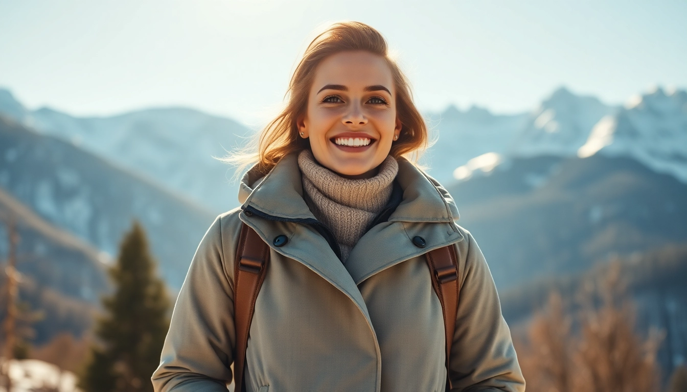 Model showcasing a lightweight winter coat for travel in a scenic snow landscape.