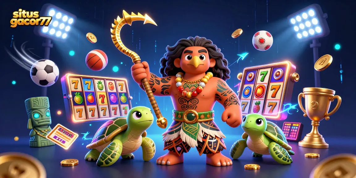 Situs gacor77 mempersembahkan ilustrasi slot dengan karakter hebat di latar neon, menunjukkan kegembiraan judi yang mengasyikkan.