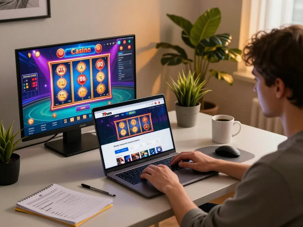 Playing online casino games with 78win on a cozy home setup featuring a laptop and personal strategy notes