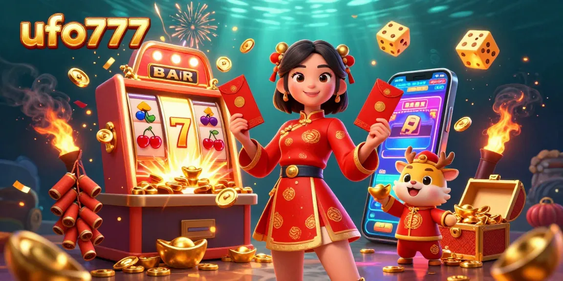 Experience joyful winnings with ufo777 in this vibrant casino scene filled with festive decorations.