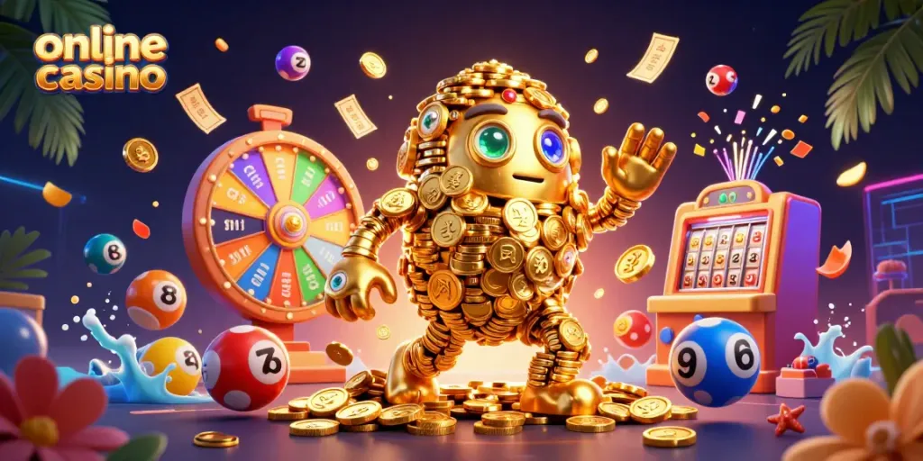 Engage with an online casino adventure featuring a golden golem surrounded by vibrant dynamic elements.
