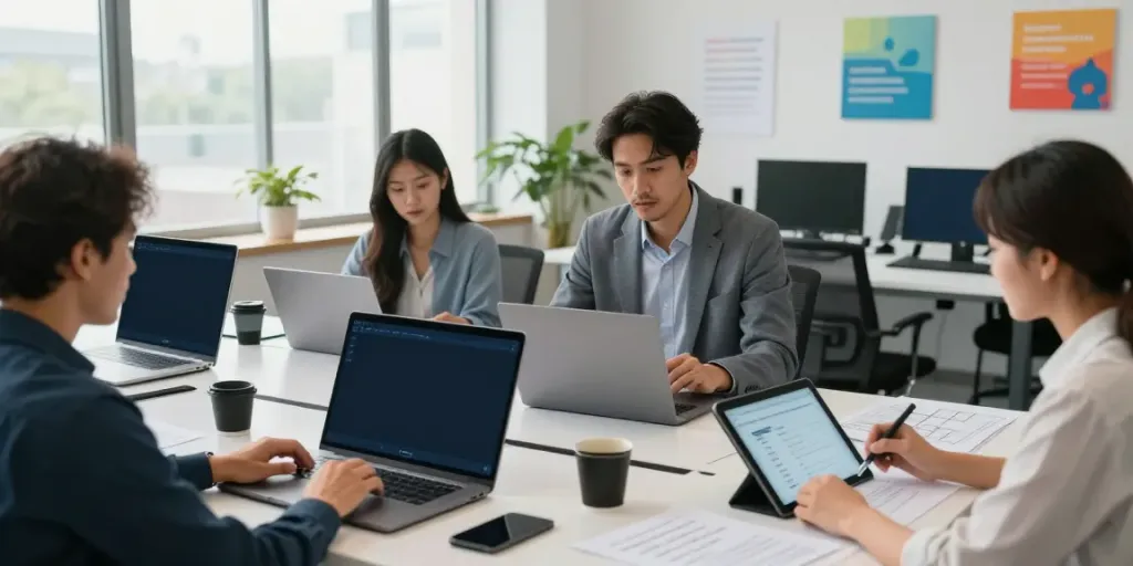 Collaboration among tax professionals utilizing professional tax software in a modern office environment.