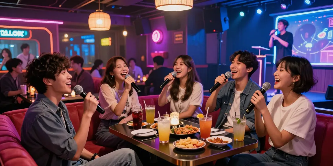 A group of friends enjoying karaoke at a vibrant bar, showcasing Jeju's nightlife at https://www.magic4karaoke.com/.