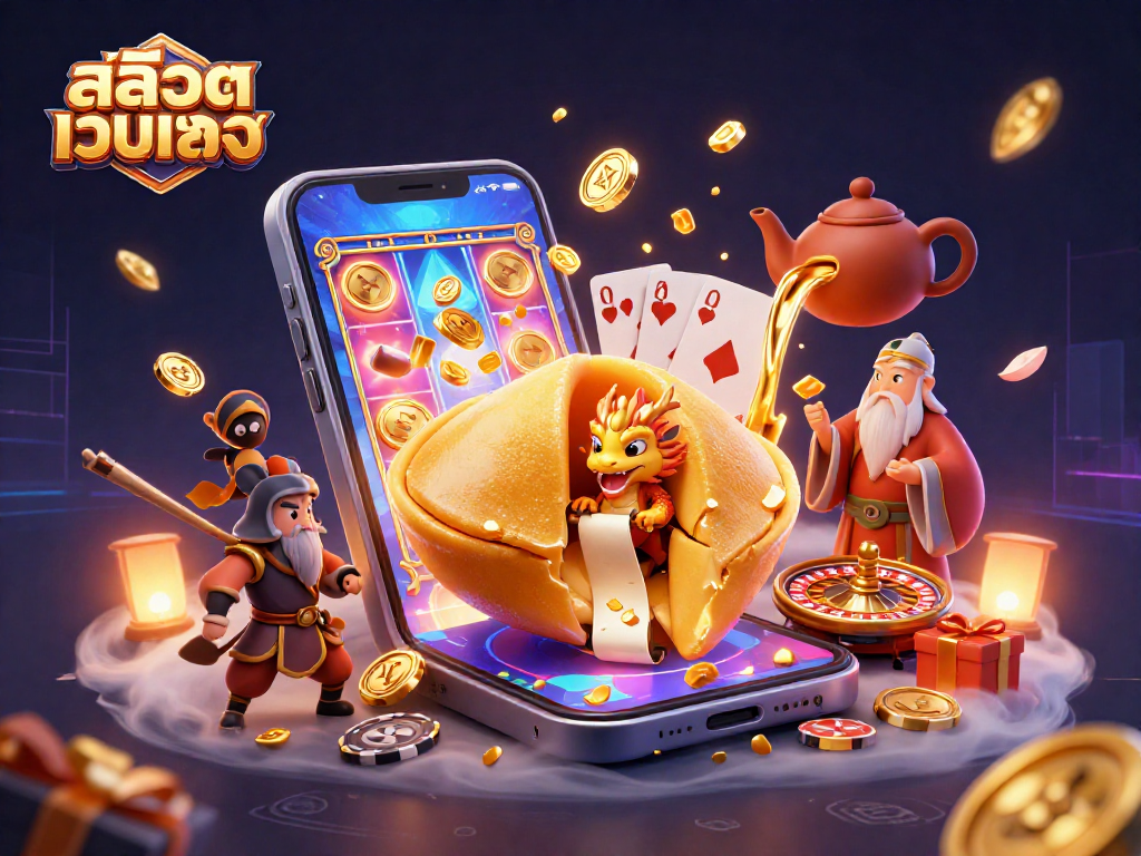 Experience excitement with สล็อตเว็บตรง featuring a fortune cookie scene, dragons, and dynamic gaming elements.