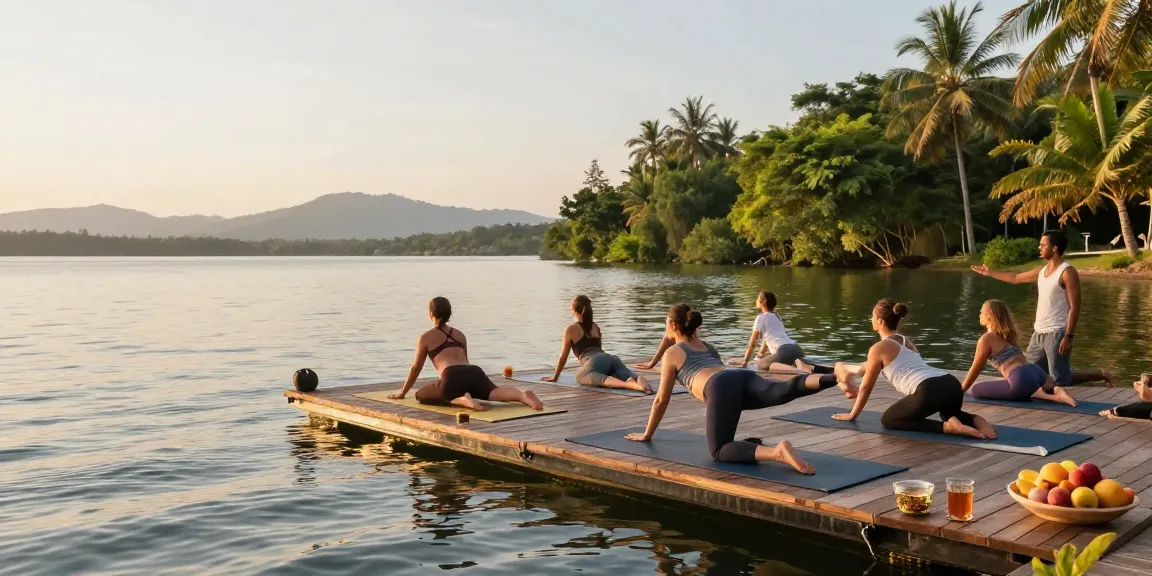Synergy vinyasa yoga teacher training at Koggala Lake with diverse participants and nature backdrop.