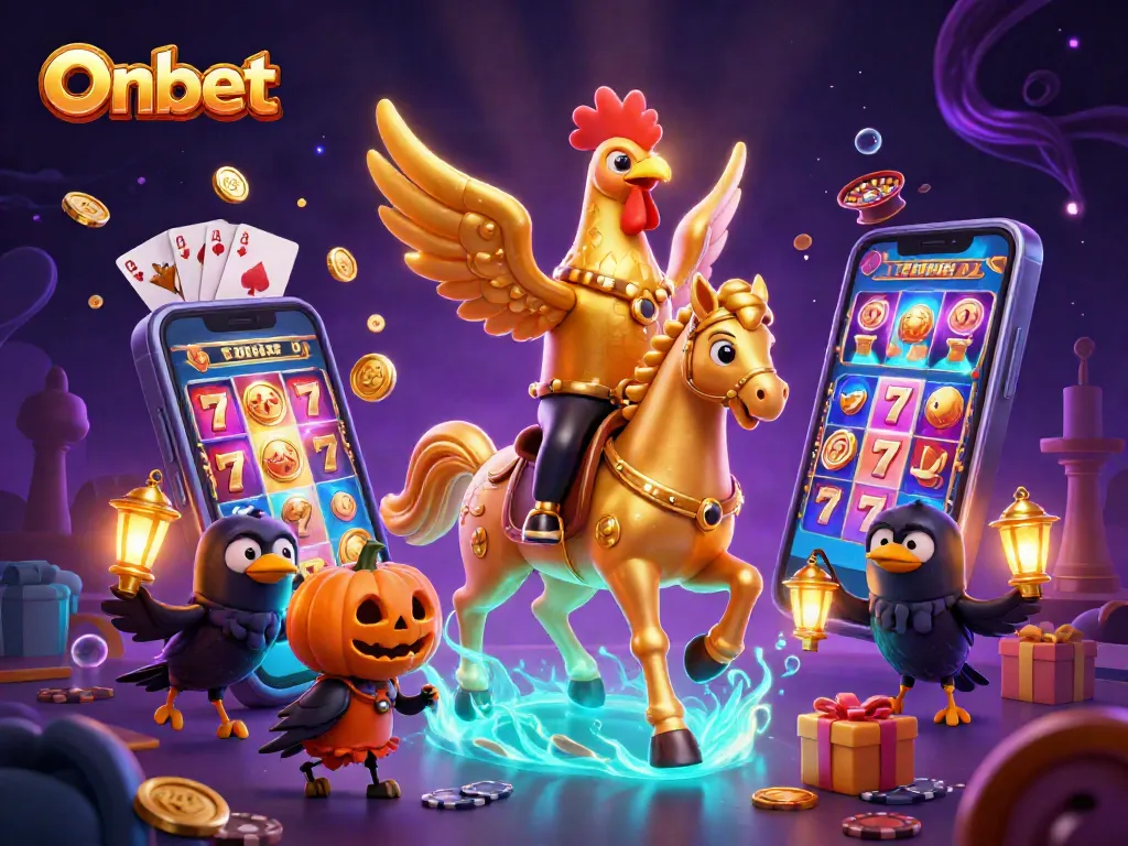 Onbet showcases vibrant slots action with a golden rooster and lively casino atmosphere.