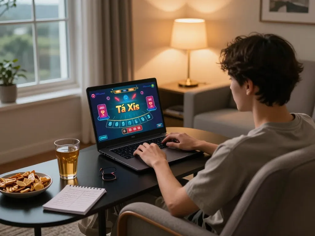 Tai Xiu online gaming at home on taixiuonline8 with player engaged and stylish setup.