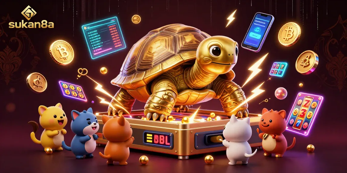 Sukan8a showcases a vibrant casino scene with a golden tortoise pinball machine and slot elements.