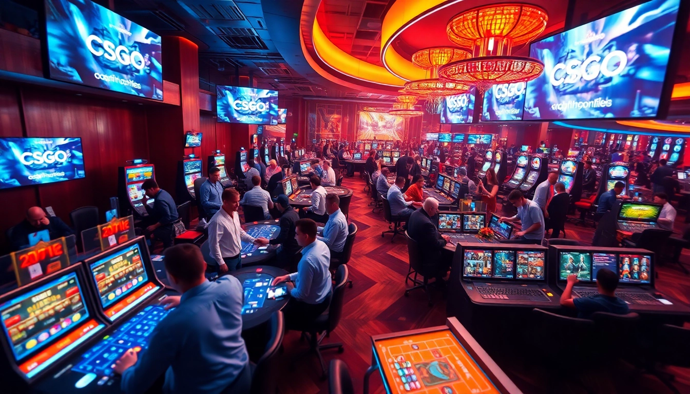 Engaging scene of players at csgo gambling sites in a vibrant digital casino.